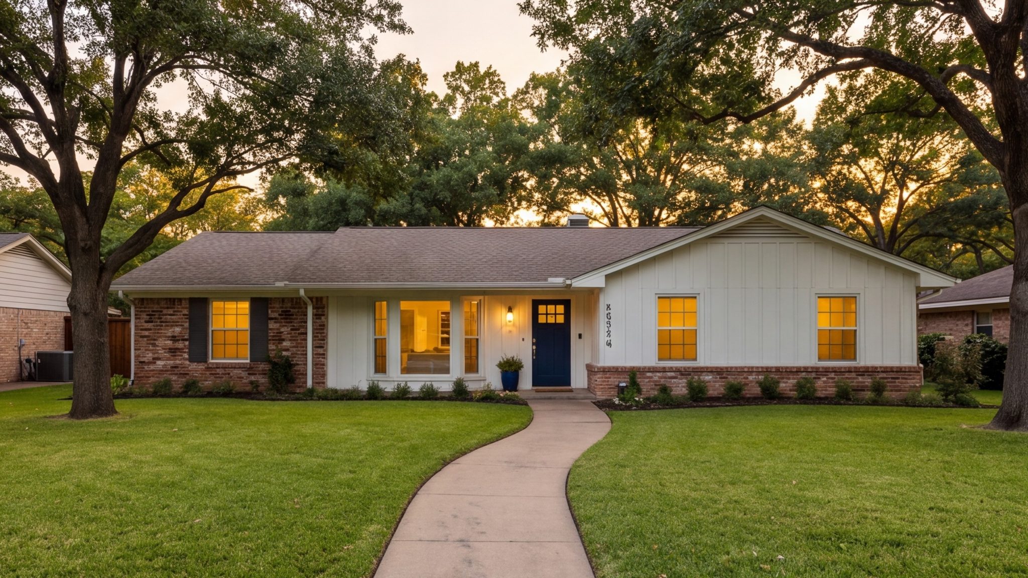 Single-story ranch house under mature trees on a Lake Highlands street