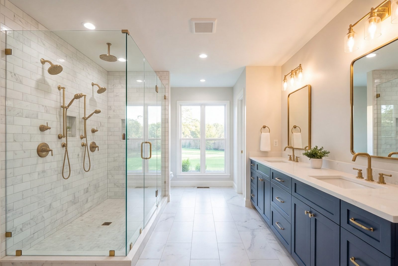 Lakewood primary bathroom with walk-in glass shower and double vanity