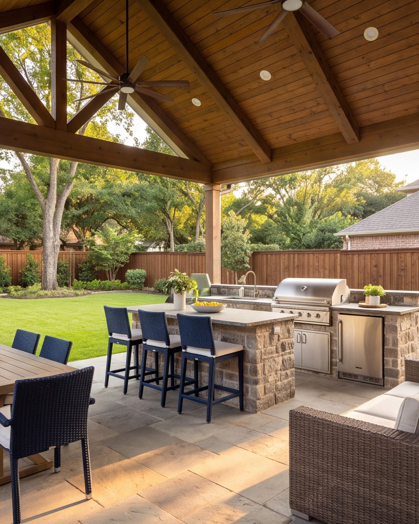 Covered patio with outdoor kitchen, seating and ceiling fans
